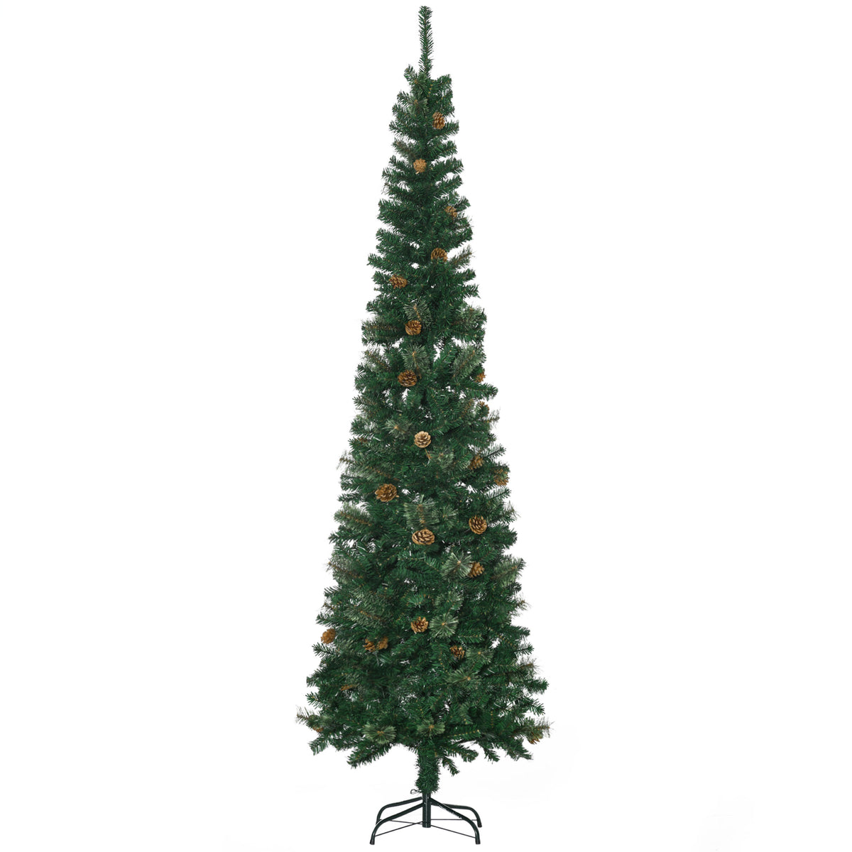 HOMCOM 7.5ft Slim Pencil Artificial Christmas Tree, Realistic Pine Needles & Cones, Flame Retardant Green Xmas Tree with Sturdy Metal Base for Home & Fireplace Decor