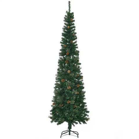 HOMCOM 7.5ft Slim Pencil Artificial Christmas Tree, Realistic Pine Needles & Cones, Flame Retardant Green Xmas Tree with Sturdy Metal Base for Home & Fireplace Decor