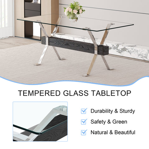 Elegant 8-Seater Dining Set: 71" Clear Tempered Glass Table &amp; 8 Light Gray PU Chairs with Silver Metal Legs for Modern Kitchens &amp; Dining Rooms