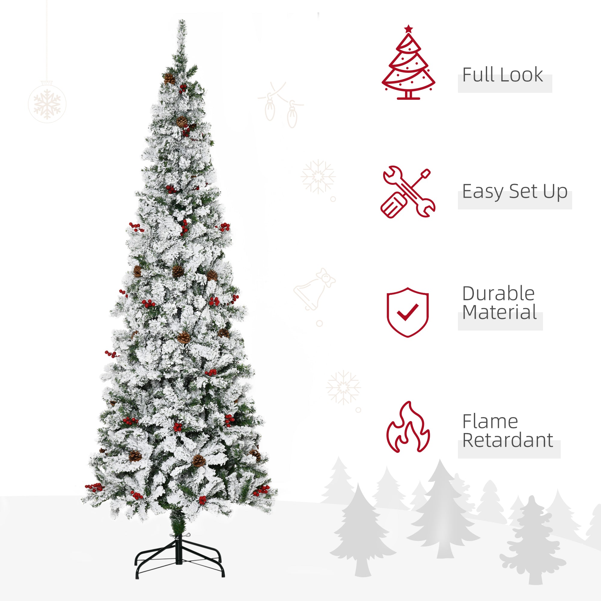 HOMCOM 7.5ft Pencil Snow Flocked Artificial Christmas Tree, Green, Realistic Branches, Pine Cones &amp; Berries, Auto Open, Flame Retardant, Easy Assembly for Home Holiday Decor