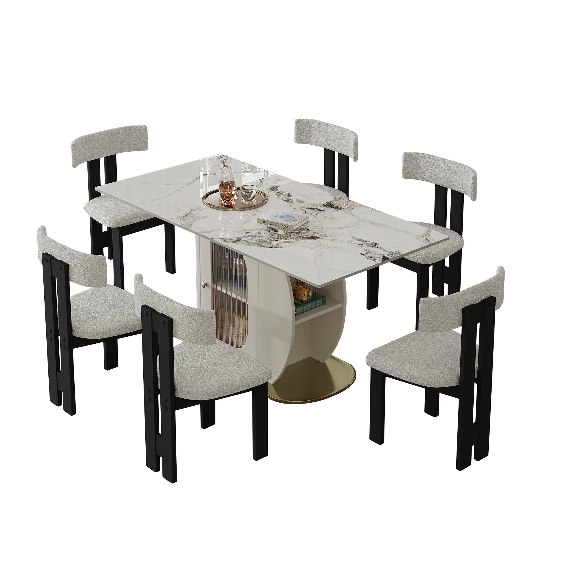63" Modern Dining Table Set for 4-6, White Velvet Chairs, Burnt Stone Top, Gold Solid Wood Base, Storage Cabinet, Kitchen & Apartment Furniture