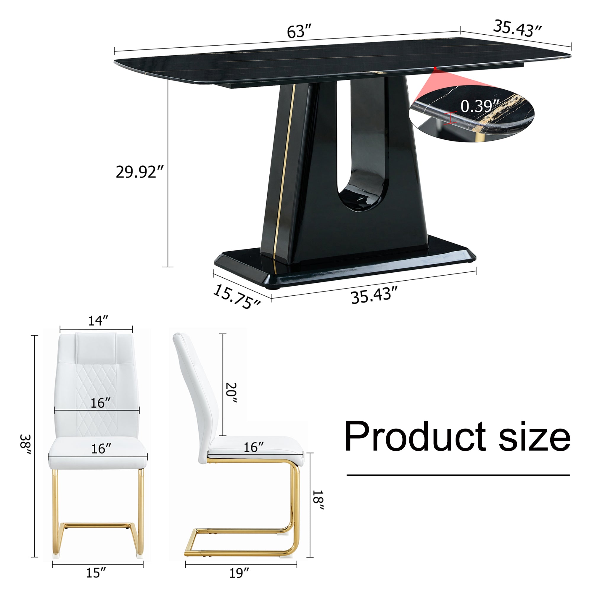 Modern Minimalist Dining Table Set with Imitation Marble Glass Top & Comfortable Chairs, Seats 4-8, U-Bracket MDF Legs, Black+Gold, Perfect for Dining & Living Rooms
