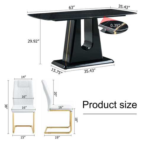 Modern Minimalist Dining Table Set with Imitation Marble Glass Top & Comfortable Chairs, Seats 4-8, U-Bracket MDF Legs, Black+Gold, Perfect for Dining & Living Rooms
