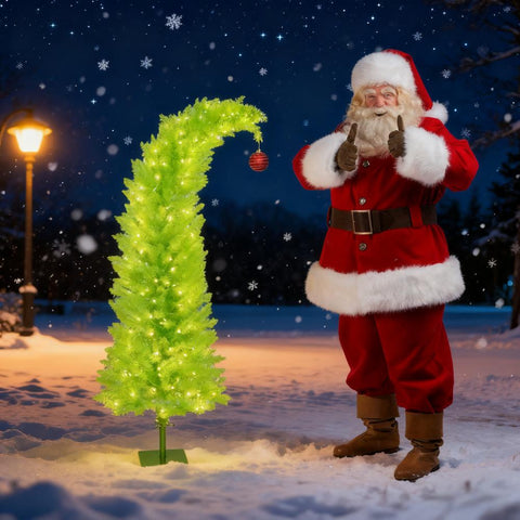 5ft Green Pencil Christmas Tree with Red Ball Top, 200 Warm White LEDs, 438 Tips, Metal Base - Perfect for Small Spaces, Living Rooms, Entryways, Festive Holiday Decor