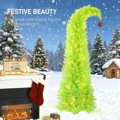 72 Inch Whimsical Pencil Christmas Tree - Prelit Green Xmas Tree with 230 Warm White LEDs, Red Ball Top, 555 Tips, Metal Base for Indoor Holiday Decor