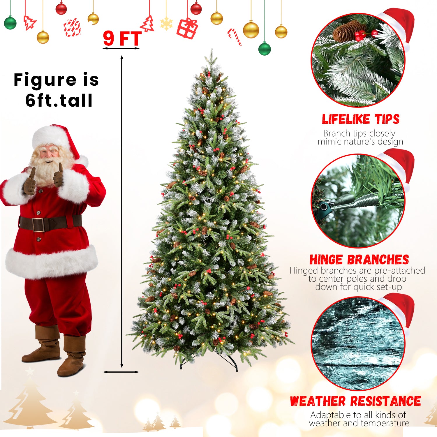 4FT Snow-Tipped Christmas Tree: 150 Warm White LED Lights, Hinged PE/PVC Branches, Red Berries &amp; Pine Cones, Metal Stand - Realistic Winter Woodland Holiday Decor