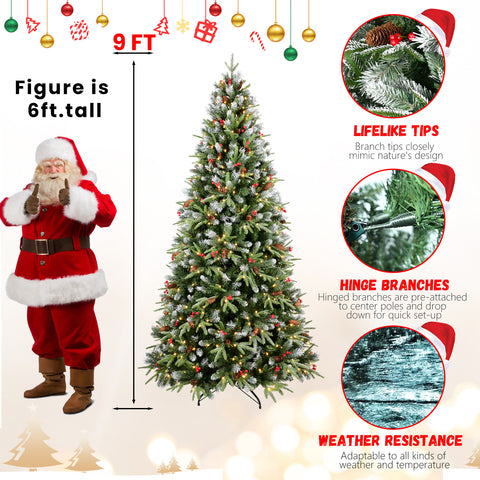 7.5FT Snow-Tipped Christmas Tree: 500 Warm White LEDs, 2514 PE+PVC Branches with Berries &amp; Pine Cones. Hinged, Metal Stand for Festive Holiday Home Decor