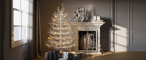 4FT Snow Flocked Aspen Fir Artificial Christmas Tree - Hinged, 280 Tips, 230 Warm White LED Lights, Coral White for Home, Party & Holiday Decor