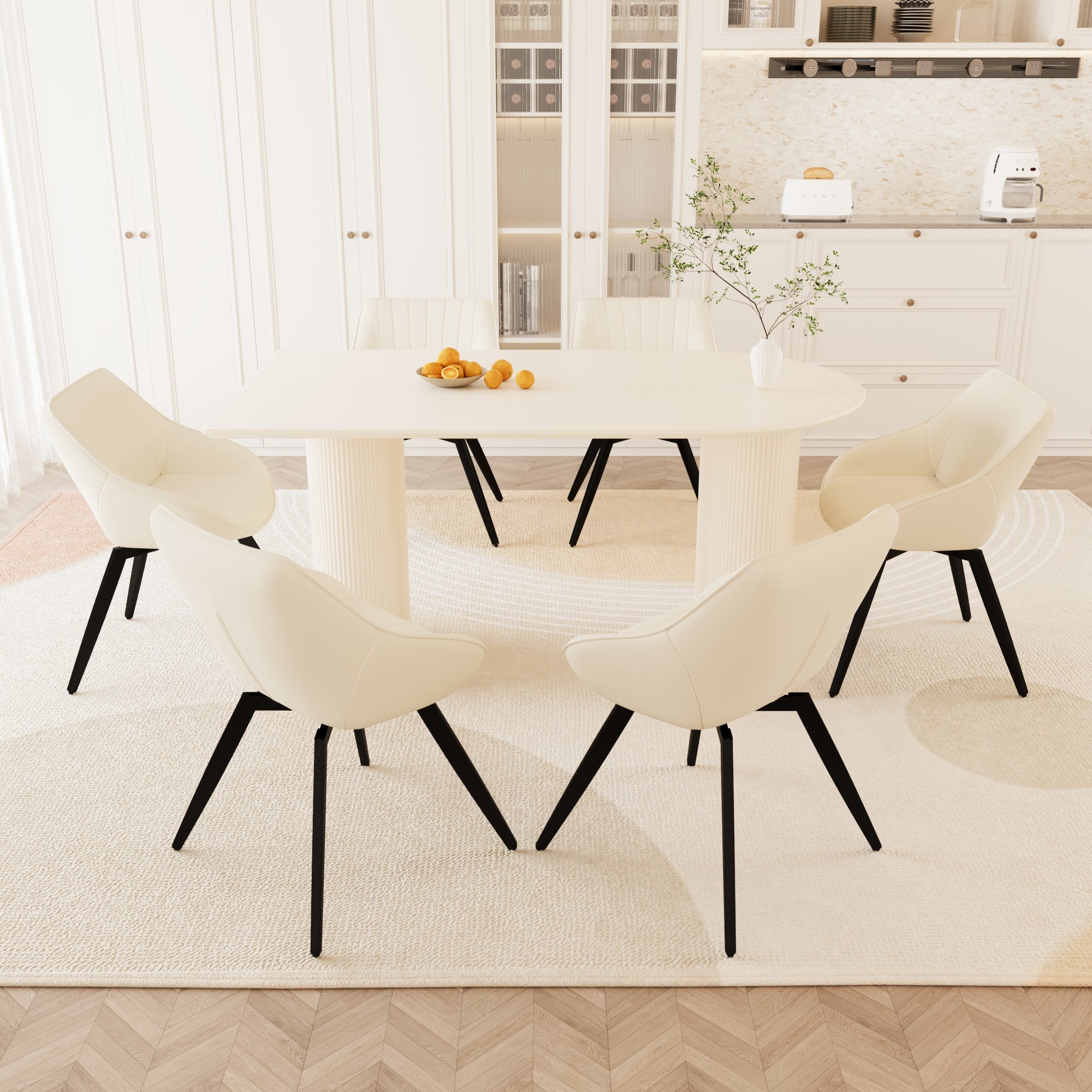 63" Medieval Modern Cream MDF Dining Table Set with 6 Beige PU Leather Chairs, Black Metal Legs, Ergonomic Design for Kitchen & Home Dining Room