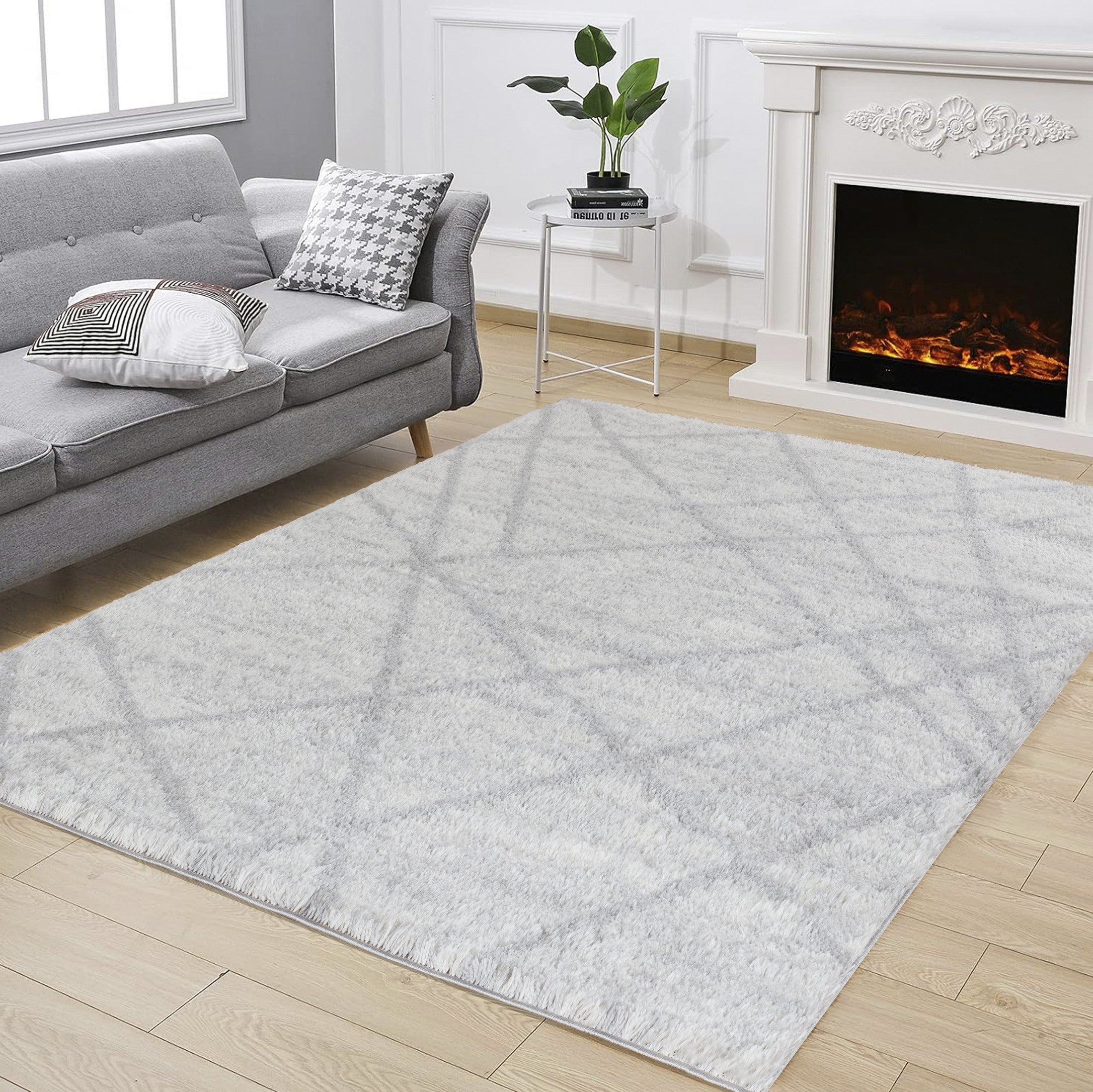 Luxury Ivory Shag Area Rug | 7'10" x 9'10" Geometric Polyester | Soft 1.18" Pile | Durable, Stain-Resistant for Living Room, Bedroom, High Traffic Areas | Made in Turkey