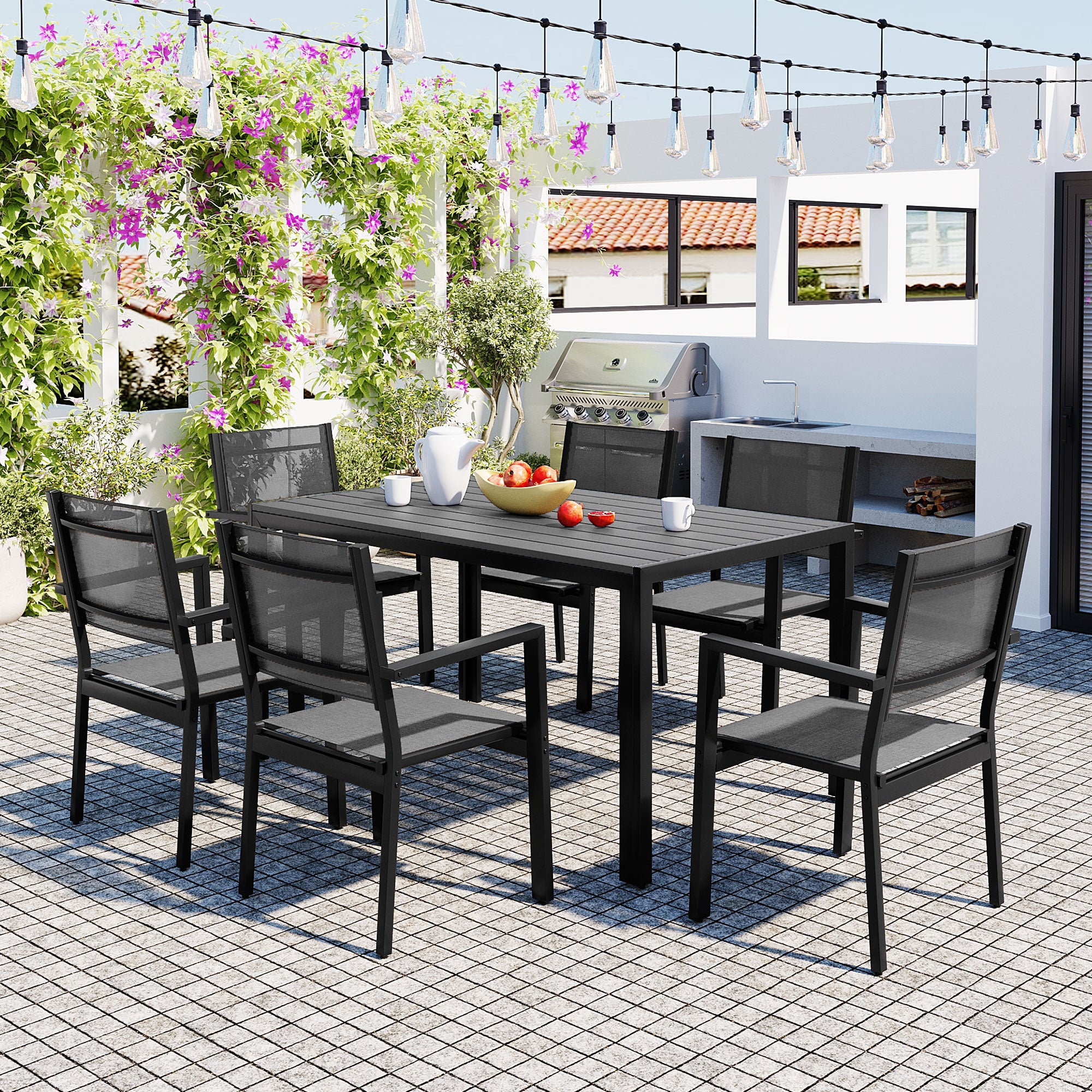 U-Style 6-Seater Steel Outdoor Patio Dining Set - Durable Gray Table & Chairs for Balcony, Backyard, Garden - 58.3" L x 35.4" W - All-Weather Furniture for Residential Use