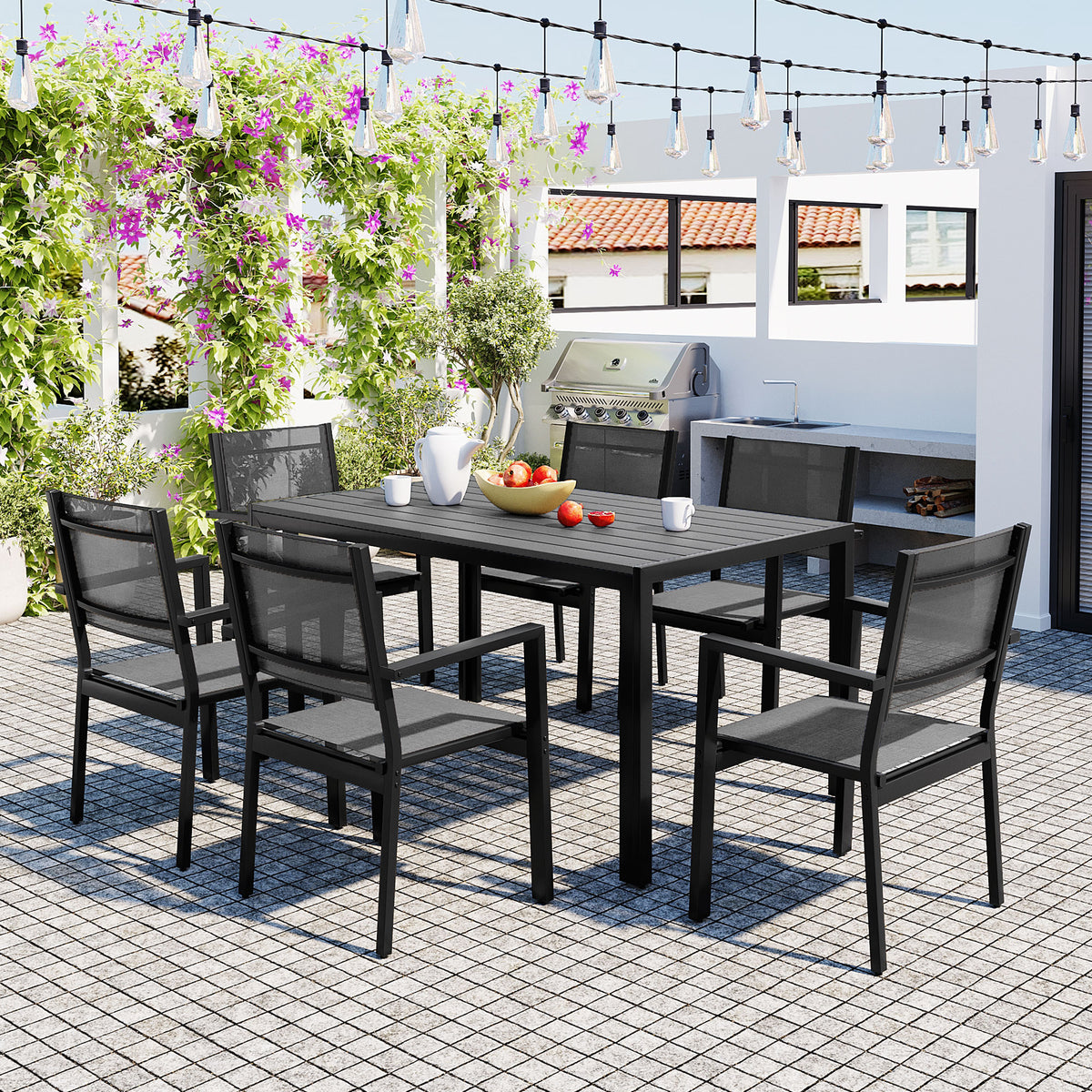 U-Style 6-Seater Steel Outdoor Patio Dining Set - Durable Gray Table & Chairs for Balcony, Backyard, Garden - 58.3" L x 35.4" W - All-Weather Furniture for Residential Use