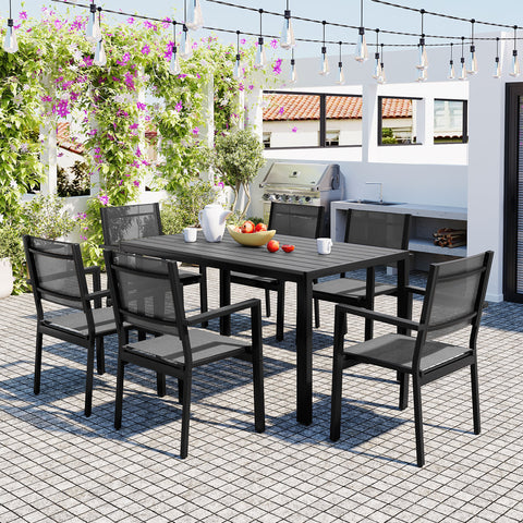 U-Style 6-Seater Steel Outdoor Patio Dining Set - Durable Gray Table & Chairs for Balcony, Backyard, Garden - 58.3" L x 35.4" W - All-Weather Furniture for Residential Use