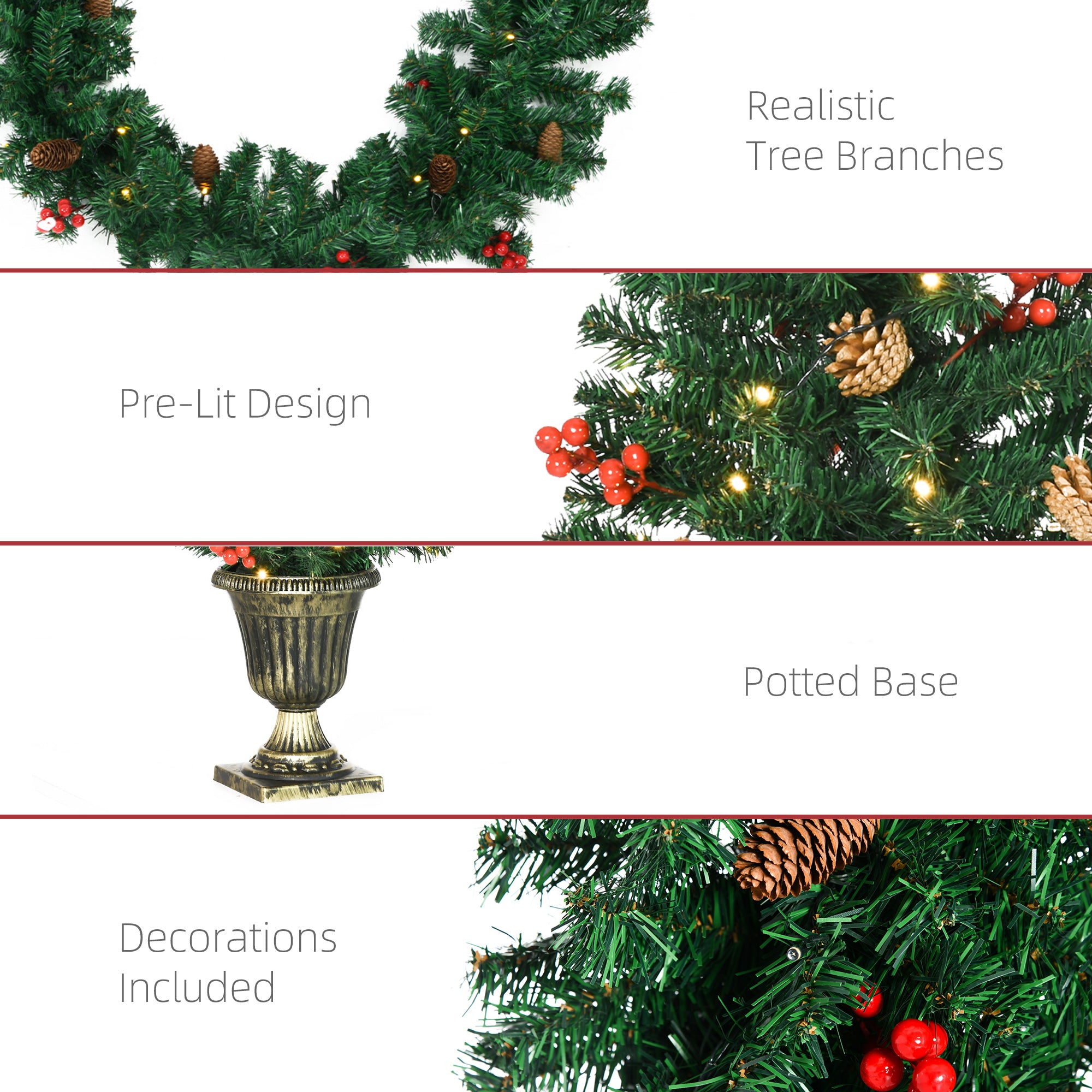 HOMCOM 4-Piece Prelit Christmas Decor Set: 3ft Green Trees, Garland &amp; Wreath with Warm White LEDs, Red Berries, Pine Cones for Indoor/Outdoor Entryway