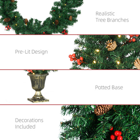 HOMCOM 4-Piece Prelit Christmas Decor Set: 3ft Green Trees, Garland &amp; Wreath with Warm White LEDs, Red Berries, Pine Cones for Indoor/Outdoor Entryway
