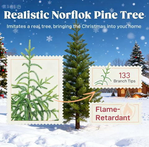 2 Pack 4ft Realistic Norfolk Pine Christmas Trees, Green Artificial Xmas Tree with 133 Molded Tips &amp; Pot Base, Flame-Retardant, Easy Setup for Indoor Living Room &amp; Entryway Decor