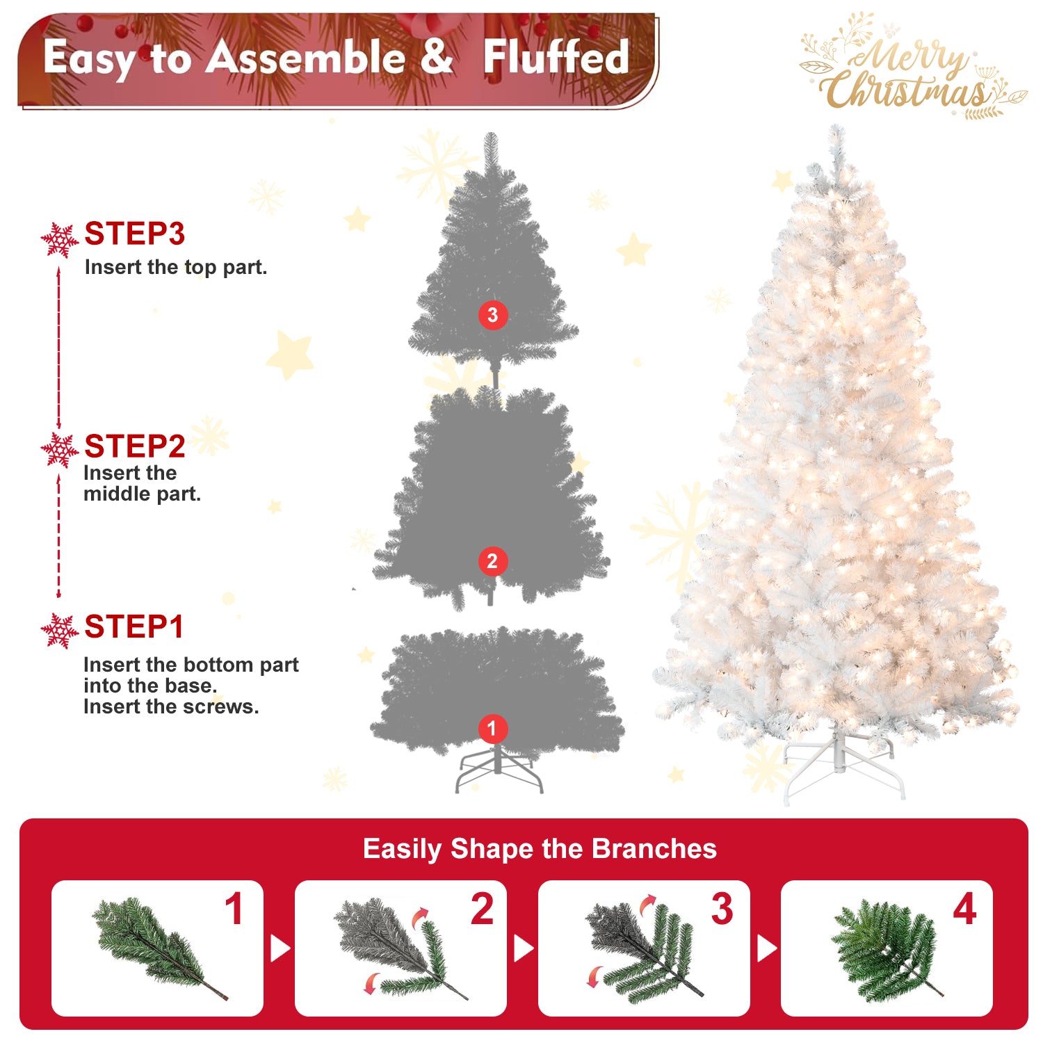 9FT White Artificial Christmas Tree | Auto-Unfolding Memory Wire | 650 Warm Incandescent Lights | 1930 Lush PVC Tips | Stable Metal Stand for Holiday Home Decor