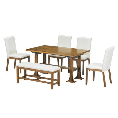 TOPMAX Farmhouse 76" Extendable Dining Table Set for 6: Dark Brown Solid Wood Trestle Kitchen Table w/ 18" Removable Leaf, Upholstered Chairs & Bench for Dining Room