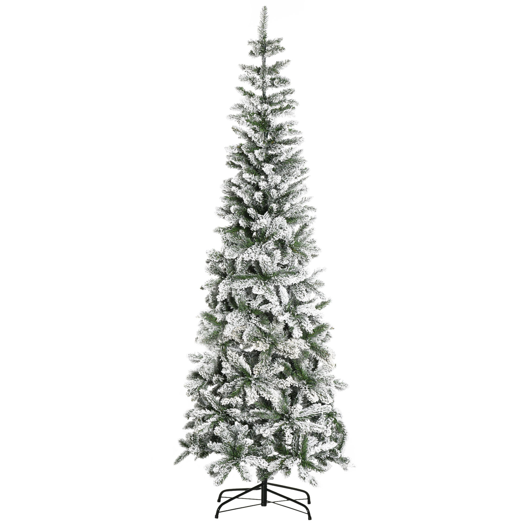 HOMCOM 7.5ft Snow-Flocked Slim Pine Artificial Christmas Tree | Realistic PVC Branches, 668 Tips | Indoor Holiday Decor, Living Room, Holiday Parties | Easy Setup, Sturdy Steel Base, Green