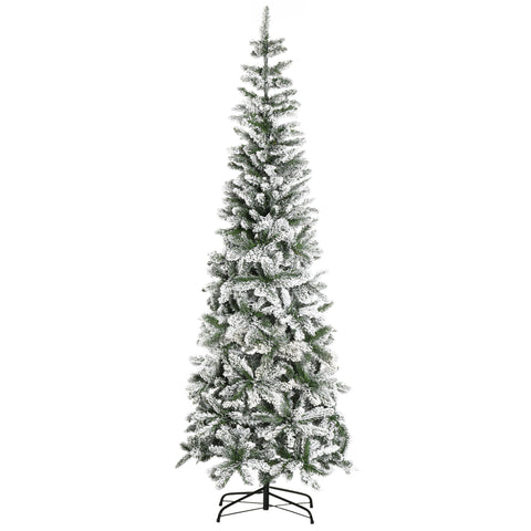 HOMCOM 7.5ft Snow-Flocked Slim Pine Artificial Christmas Tree | Realistic PVC Branches, 668 Tips | Indoor Holiday Decor, Living Room, Holiday Parties | Easy Setup, Sturdy Steel Base, Green