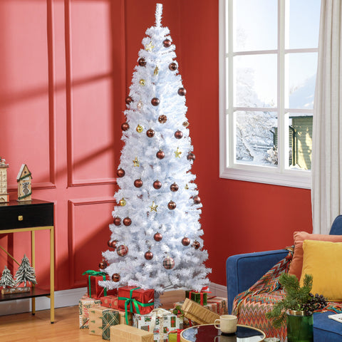HOMCOM 7ft White Pencil Christmas Tree - Unlit Slim Douglas Fir Artificial Xmas Tree, 818 Realistic Tips, Flame-Retardant Plastic, Easy Assembly for Home Decor