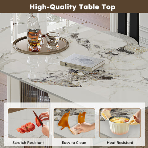 63" Modern Dining Table Set for 4-6, White Velvet Chairs, Burnt Stone Top, Gold Solid Wood Base, Storage Cabinet, Kitchen & Apartment Furniture