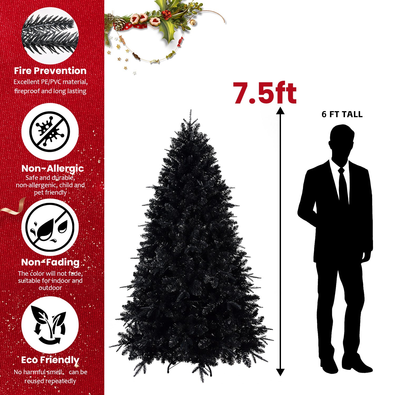 7.5ft Black Artificial Christmas Tree with 500 White LED Lights: 2156 PE+PVC Tips, Hinged, Metal Stand for Halloween & Holiday Decor, Indoor Home & Party Use