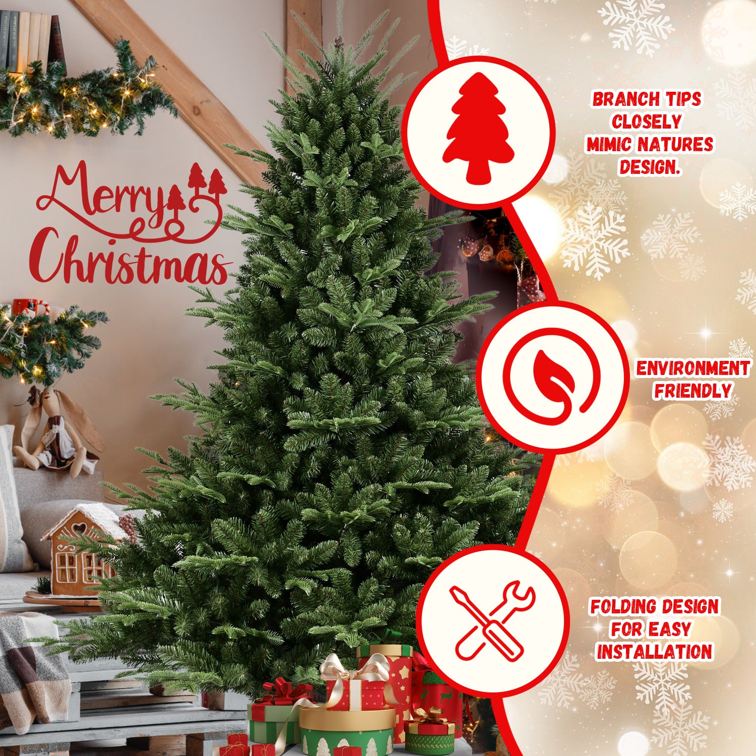 9ft Full Christmas Tree - 3451 PE/PVC Mixed Tips, Hinged Branches, Wide Base for Large Spaces, Durable Metal Stand, Lush Green, Easy Setup for Home Decor