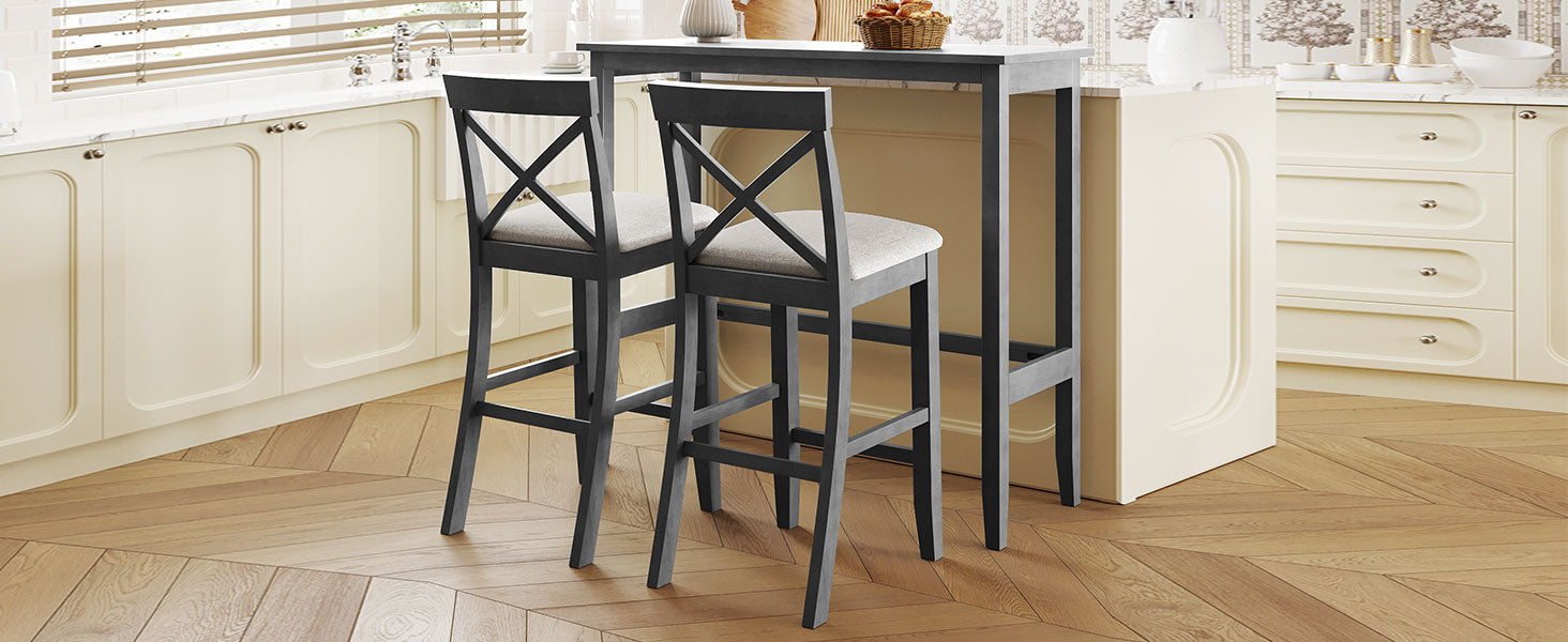 TOPMAX Farmhouse 48" Rectangular Wood Bar Height Dining Set for Small Kitchens & Breakfast Nooks - Gray Frame & Beige Cushions, Seats 2, Acacia Wood, Space-Saving Design