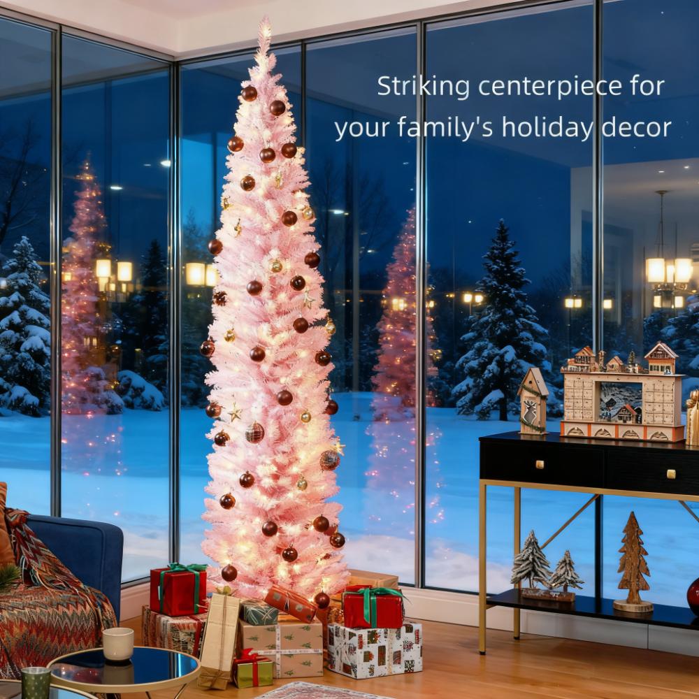 8ft Pink Pencil Christmas Tree with Warm White LED Lights | Slim, Flame-Retardant Artificial Tree for Indoor Home Decor & Small Spaces