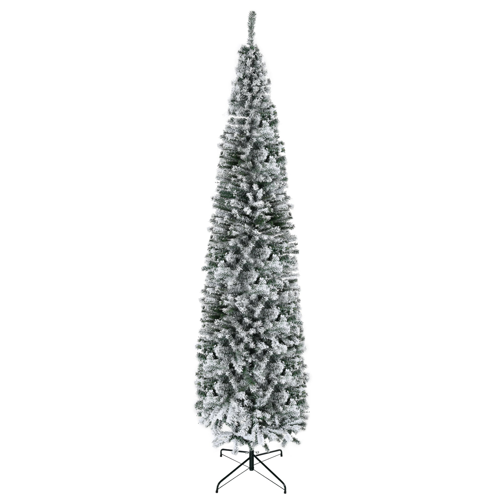 HOMCOM 9' Unlit Snow-Flocked Slim Artificial Christmas Tree, Realistic PVC Branches, 1014 Tips, Green, Sturdy Metal Base for Home & Office Holiday Decor