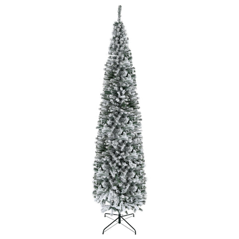 HOMCOM 9' Unlit Snow-Flocked Slim Artificial Christmas Tree, Realistic PVC Branches, 1014 Tips, Green, Sturdy Metal Base for Home & Office Holiday Decor