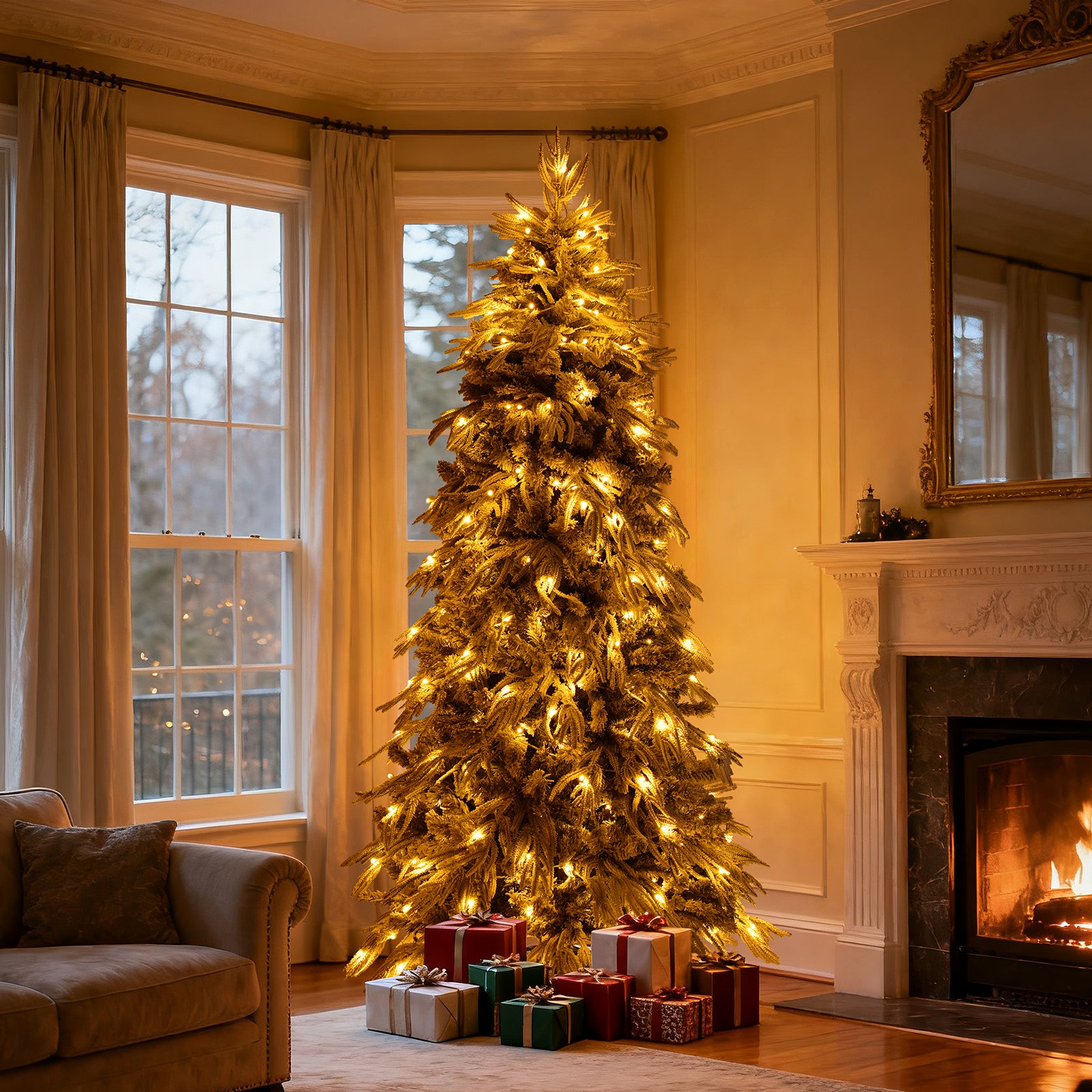 8ft Slim Flocked Noble Christmas Tree - Pre-lit Warm White LED, 950 PE/PVC Tips, Realistic Snow Design, Easy Assembly for Home Corners & Narrow Spaces