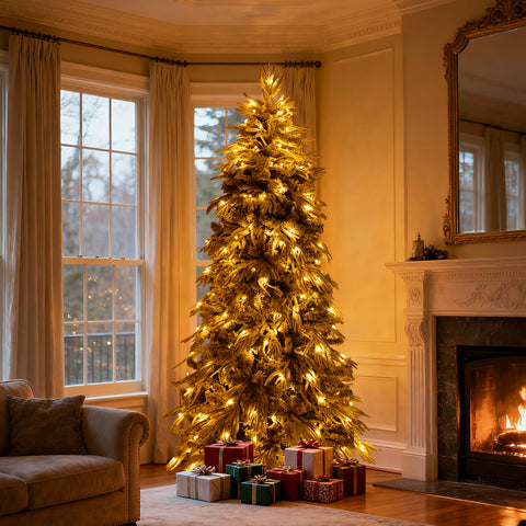 8ft Slim Flocked Noble Christmas Tree - Pre-lit Warm White LED, 950 PE/PVC Tips, Realistic Snow Design, Easy Assembly for Home Corners & Narrow Spaces