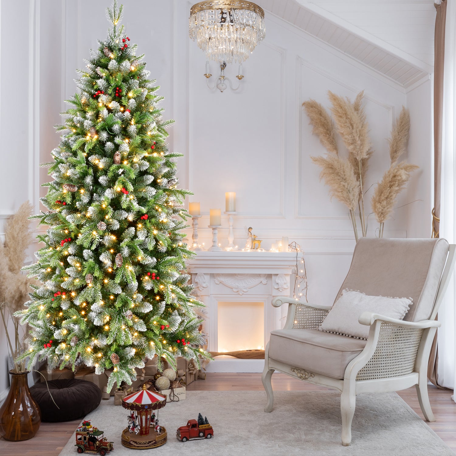 6ft Frosted Green Artificial Christmas Tree | 380 Warm White LED Lights | 1264 Lush Tips | Red Berries &amp; Pinecones | Sturdy Metal Stand | Indoor Holiday Decor