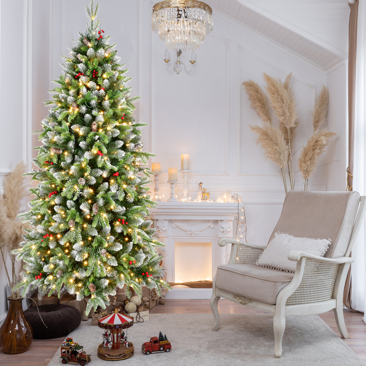 6ft Frosted Green Artificial Christmas Tree | 380 Warm White LED Lights | 1264 Lush Tips | Red Berries &amp; Pinecones | Sturdy Metal Stand | Indoor Holiday Decor