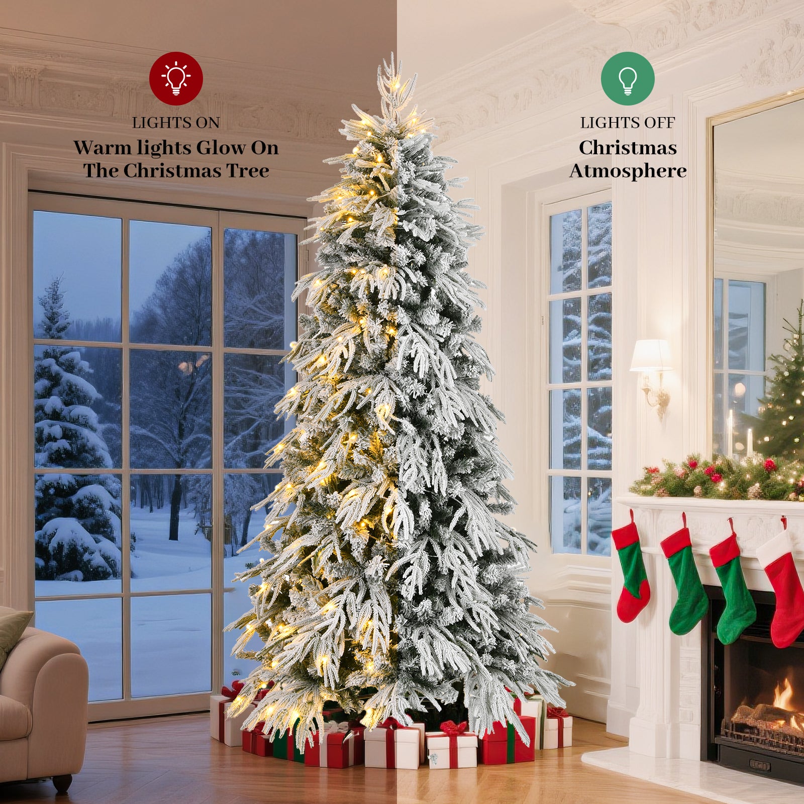 8ft Slim Flocked Noble Christmas Tree - Pre-lit Warm White LED, 950 PE/PVC Tips, Realistic Snow Design, Easy Assembly for Home Corners & Narrow Spaces