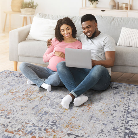 PAYAS Collection 2'x8' Ivory & Grey Traditional Runner Rug - Stain-Resistant Polyester, Medium Pile, Durable, Kid & Pet-Friendly for Hallway, Entryway, Living Room