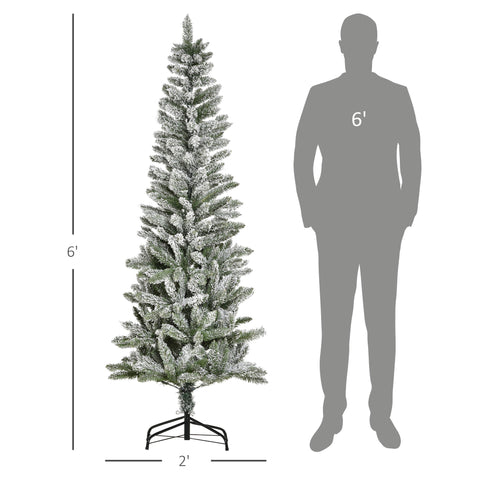 HOMCOM 6ft Snow-Flocked Slim Pine Artificial Christmas Tree | Realistic Green Branches, 394 Tips | Auto-Open, Sturdy Steel Base | Indoor Holiday Decor, Living Room, Party