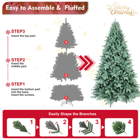 8FT Blue-Green Tint PE/PVC Christmas Tree | 2458 Dense Tips, Hinged Branches, Full Realistic Look | Stable Metal Stand, Easy Assembly | Stylish Holiday Decor for Home &amp; Office