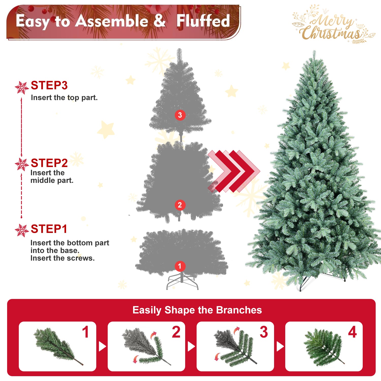 6FT Blue-Green Tint PE/PVC Christmas Tree | 1390 Full Tips, Hinged Branches for Easy Setup | Realistic Natural Look Holiday Decoration with Stable Metal Stand