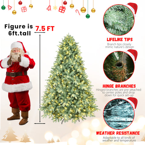 6FT Blue-Green Tint Pre-Lit Christmas Tree - 500 Warm White LED Lights, 1878 PE+PVC Tips, Hinged Branches, Metal Stand - Realistic &amp; Easy Setup Holiday Decor for Home &amp; Office