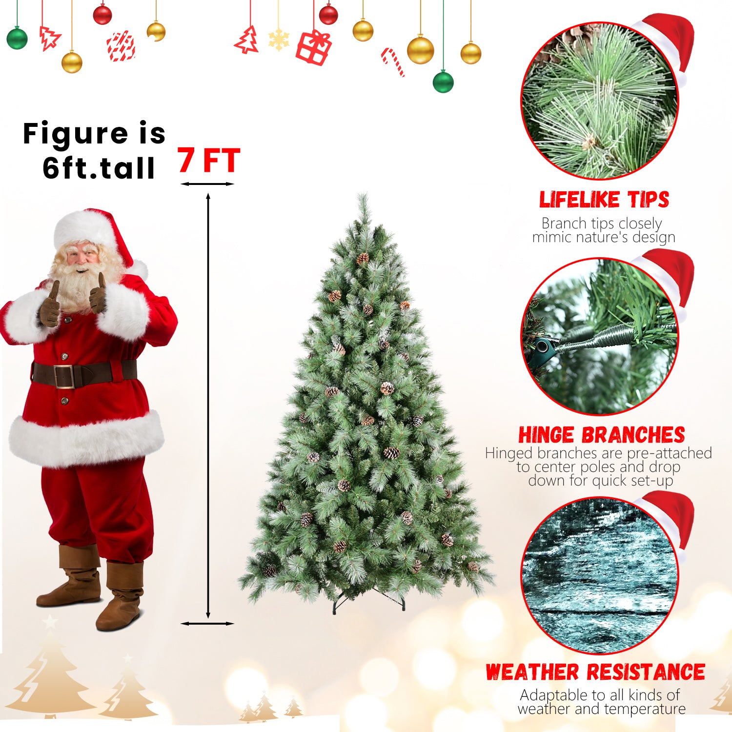 7FT Realistic Full Christmas Tree: 1348 Mixed PVC &amp; Hard Needle Tips, 82 Pine Cones, Hinged Branches for Easy Setup, Sturdy Metal Stand, Lush Green Holiday Decor for Home &amp; Office