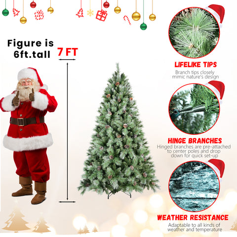 8FT Pre-Decorated Christmas Tree: 1858 Mixed PVC & Hard Needle Tips, 102 Pine Cones, Hinged for Easy Setup, Sturdy Metal Stand - Lush Full Holiday Decor for Home & Office