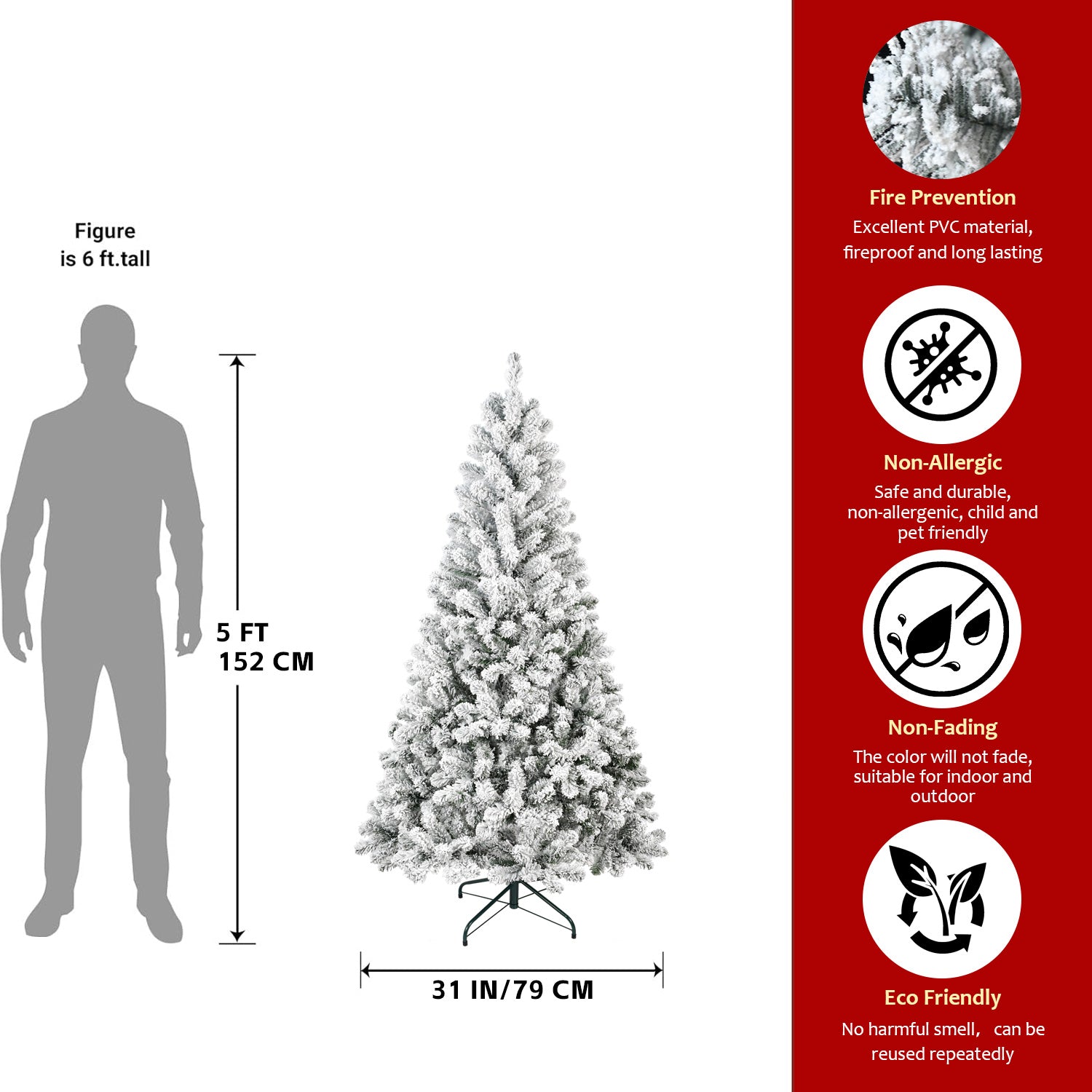 4FT Snowy Flocked PVC Christmas Tree - Compact 233 Tips, Full Shape, Sturdy Metal Stand - Winter Wonderland Holiday Decor for Apartments, Offices, Entryways - Green & White
