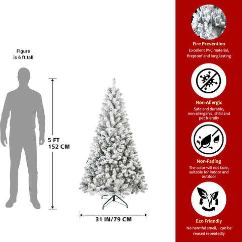 5FT Snow-Flocked Artificial Christmas Tree - Full Shape PVC Winter Wonderland Holiday Decor with 407 Tips &amp; Sturdy Metal Stand for Home, Office, Apartment