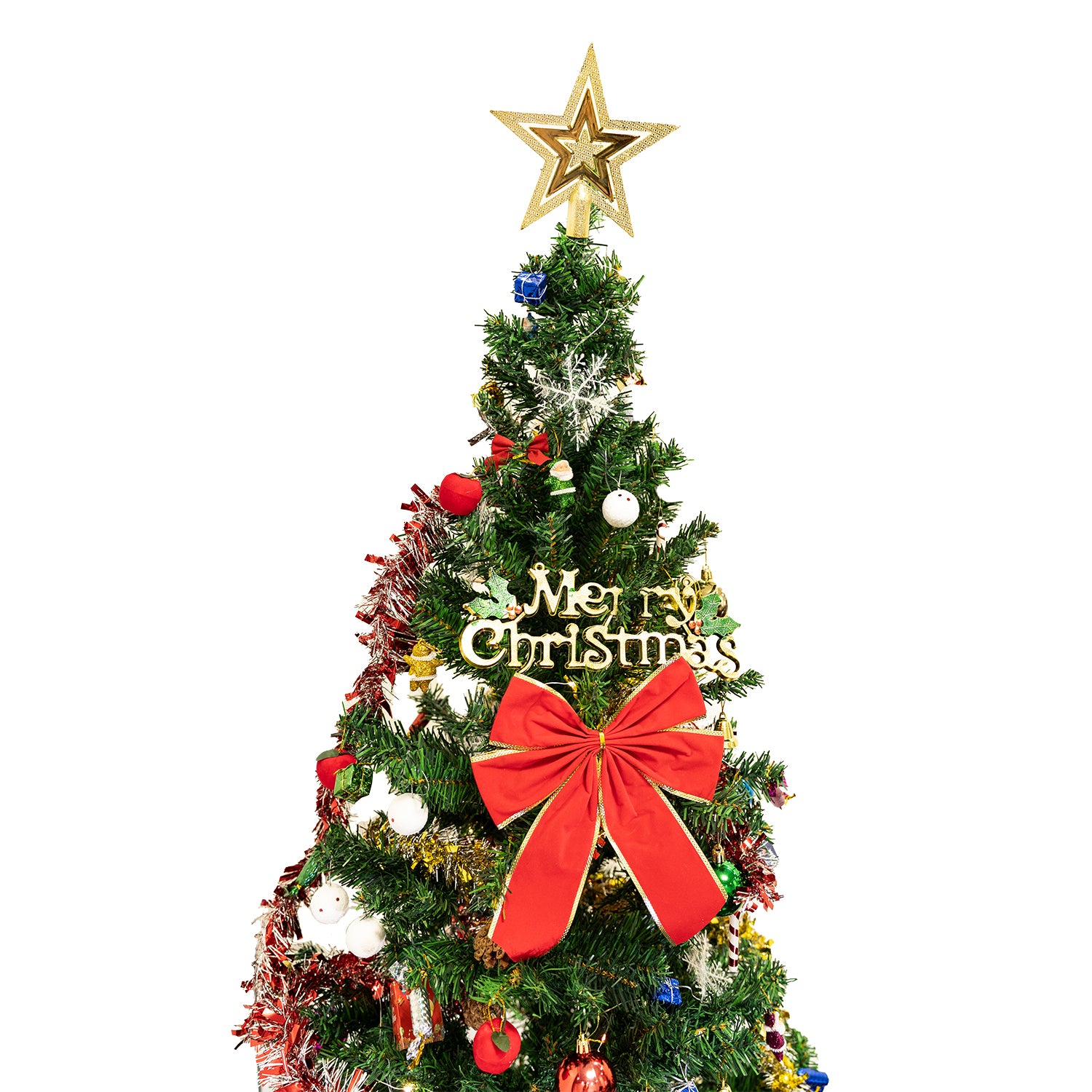 5ft Green Artificial Christmas Tree with Energy-Saving LED Lights & 109 Pendants. Indoor Holiday Decor with Durable Iron Stand & Tree Skirt. Art Deco Style, Plastic & Iron.