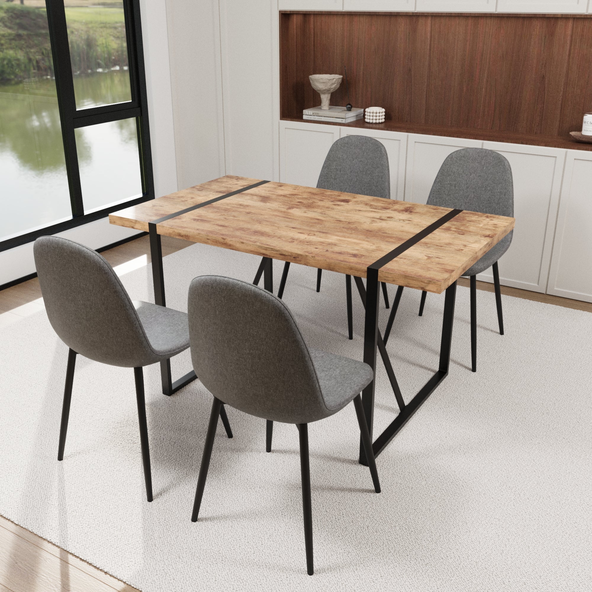 55" Dark Wood MDF Dining Table Set with 4 Grey Suede Chairs - Modern Industrial Rectangular Kitchen Table with Black Metal Base for Dining Room & Kitchen - Comfortable & Stylish