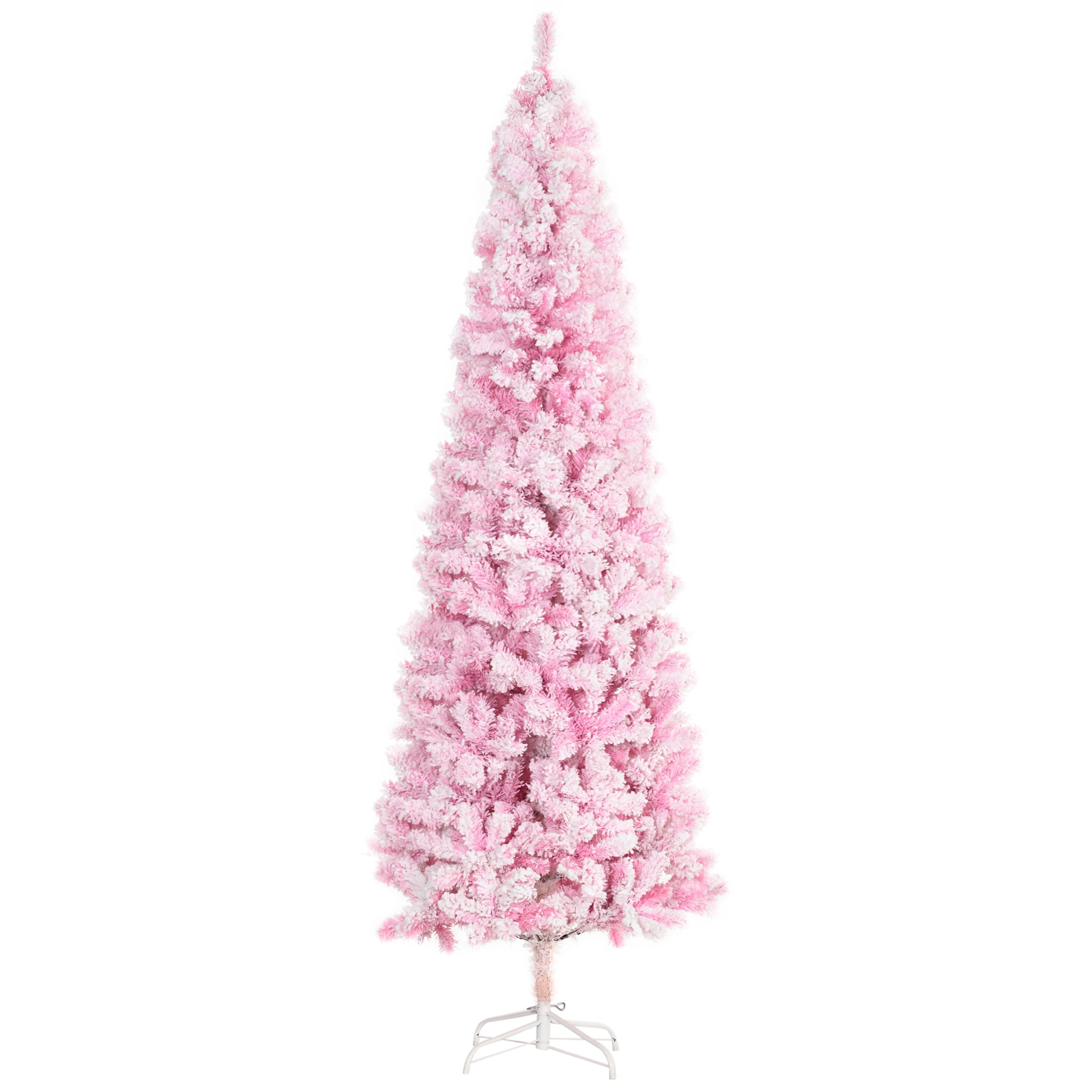 HOMCOM 7.5ft Pink Snow Flocked Pencil Christmas Tree: Realistic Slim Artificial Pine with Auto-Open, Flame-Retardant Plastic for Festive Home Decor & Holiday Ambiance