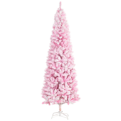HOMCOM 7.5ft Pink Snow Flocked Pencil Christmas Tree: Realistic Slim Artificial Pine with Auto-Open, Flame-Retardant Plastic for Festive Home Decor & Holiday Ambiance